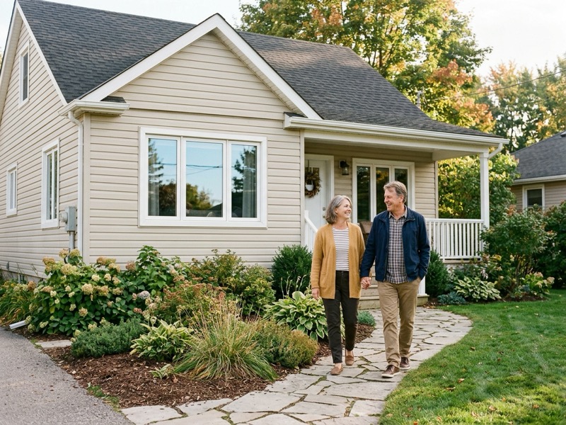 Canadian homeowners outside a home with modern updated windows.