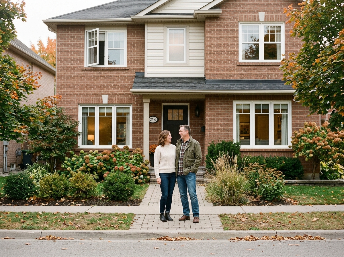 Homeowners outside a Canadian house with large front windows.