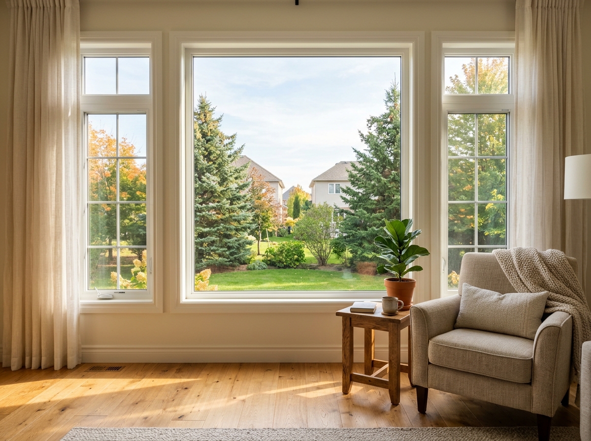 Sunlit Canadian living room with newly installed energy-efficient picture and casement windows.