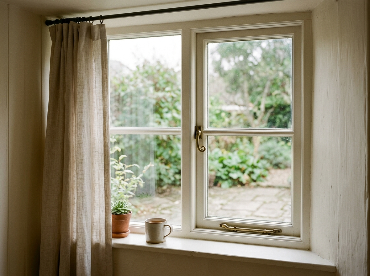 Interior view of a residential window, its frame and sill.